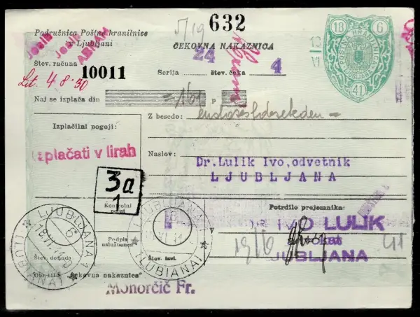 Italy occupation of Slovenia - Ljubljana 1941 Post Money Order with porto stamps