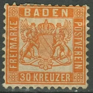 Baden year 1862 stamp 30 Kr Unused mint hinged postage stamp