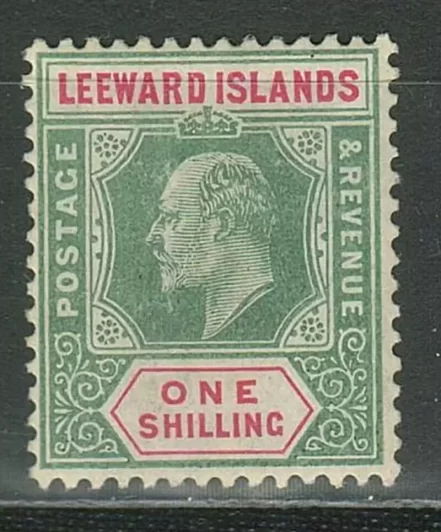 Leeward Islands year 1908 1 Shilling Green / Carmine stamp