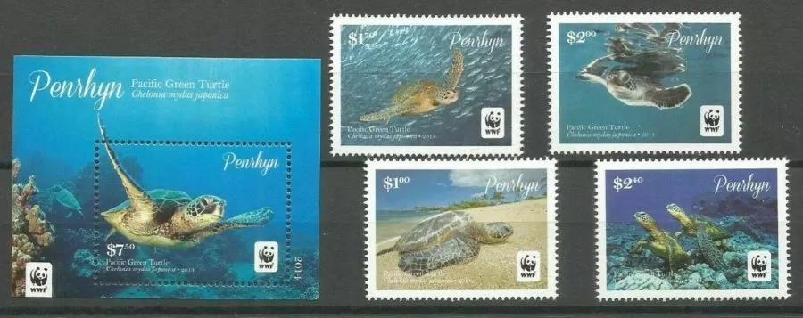 Penrhyn year 2014 stamps Sea life - WWF - Pacific Green Turtle full set