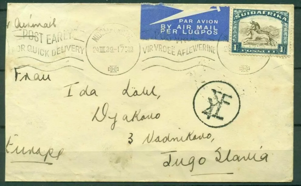 South Africa to Croatia year 1939 Airmail cover - Athens Greece