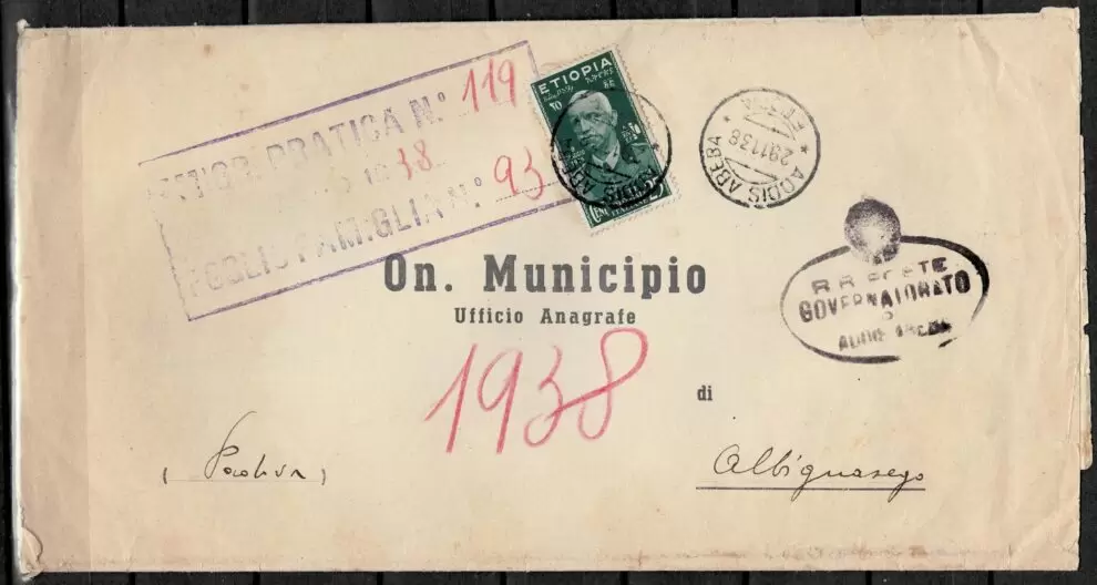 Italy / Ethiopia cover year 1938 Postal History / Public notice