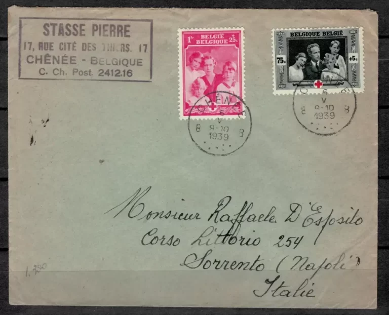 Belgium / Italy Reg. Cover 1939 Postal History / Chenee -Sorrento Napoli