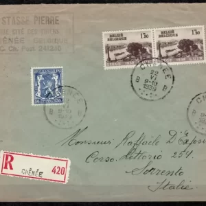 Belgium Italy Registered Cover 1939 Postal History Chenee -Sorrento