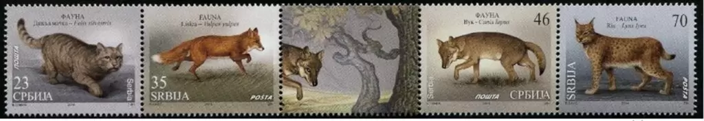 Serbia year 2014 stamps Fauna, Cat, Fox, Wolf, Bobcat full set