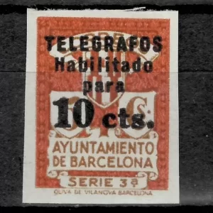 Barcelona Telegraph year 1934 stamp 10 cts Imperforated