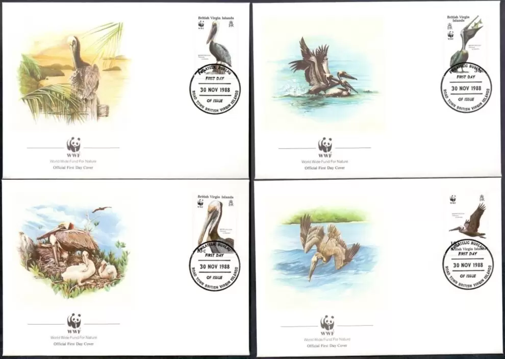 British Virgin Island 1988 WWF Fauna Birds White – Pelicans FDC set