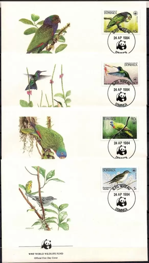 Dominica 1984 WWF Fauna / Birds -Parrots FDC set