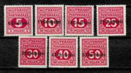 Austro/Hungarian military post in Italy year 1918 Porto Mi 1/7 Complete set postage stamps