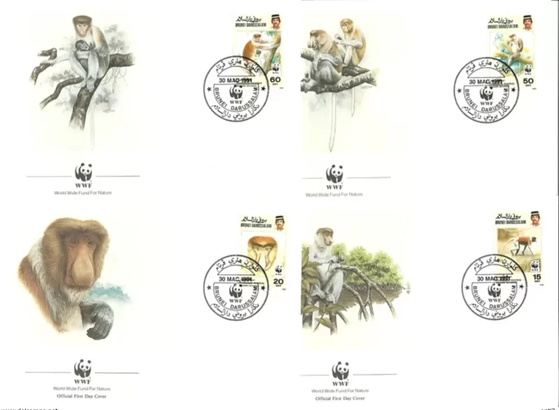 Brunei 1991 WWF Fauna Proboscis Monkey FDC set