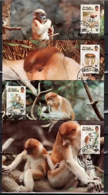 Brunei 1991 WWF Fauna Proboscis Monkey Max cards set