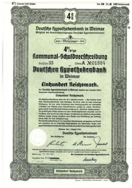 WWII Germany 1941 / Stocks Bonds 100 Reichsmark
