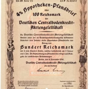 WWII Germany 1941 / Stocks Bonds 100 Reichsmark