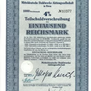 WWII Germany 1941 Stocks Bonds 1000 Reichsmark 4 Bond