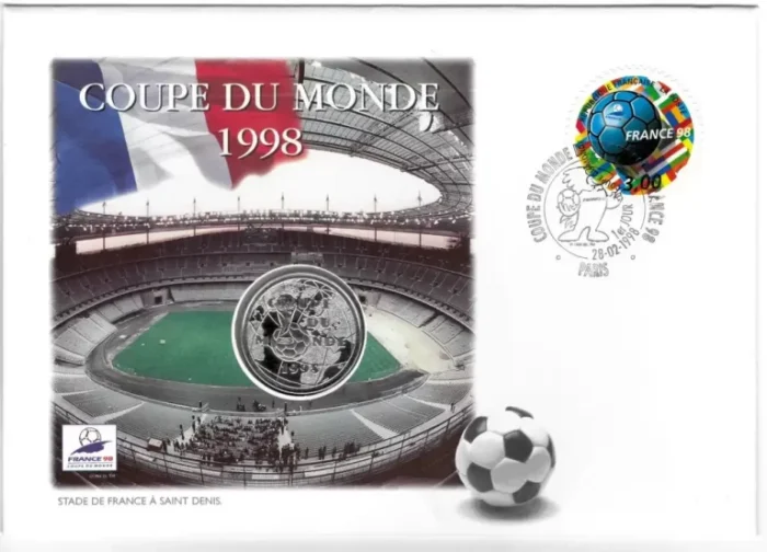 Soccer World cup France 1998 1 F Coin /Cover, First Day of Issue(Solid silver)