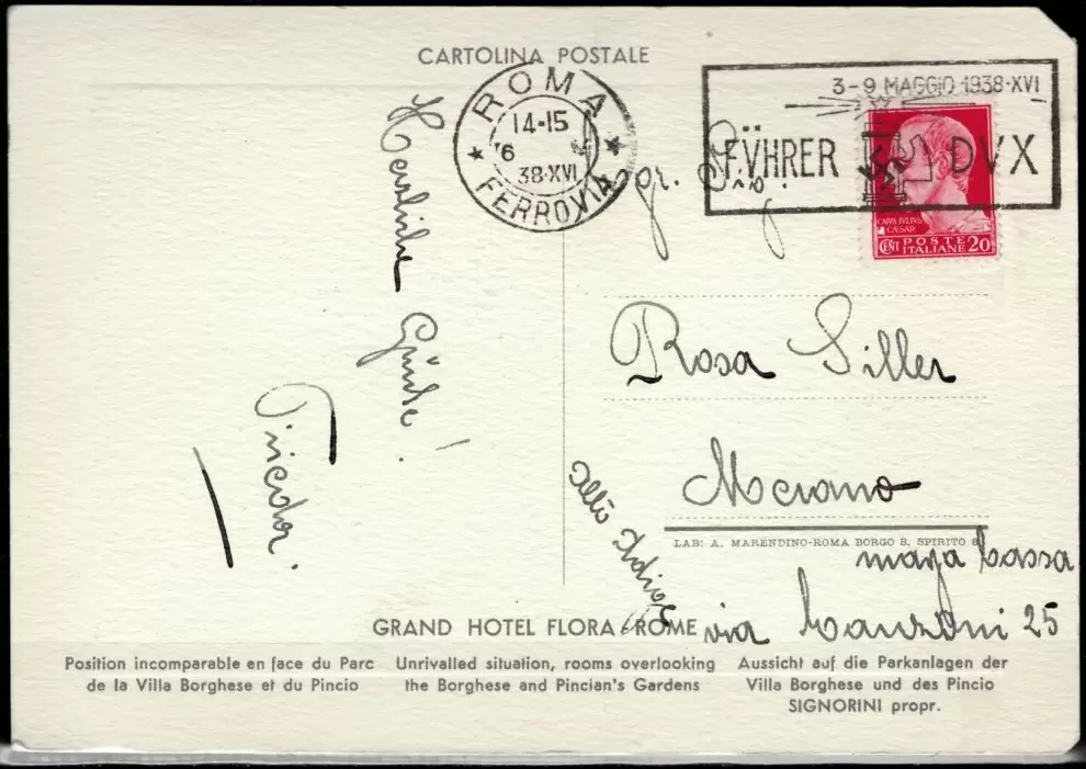 Italy 1938 Postcard Rome Cancel “FVHRER E DUX”