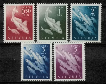 Trieste B STT - Vujna year 1949 Fishes Porto complete set 