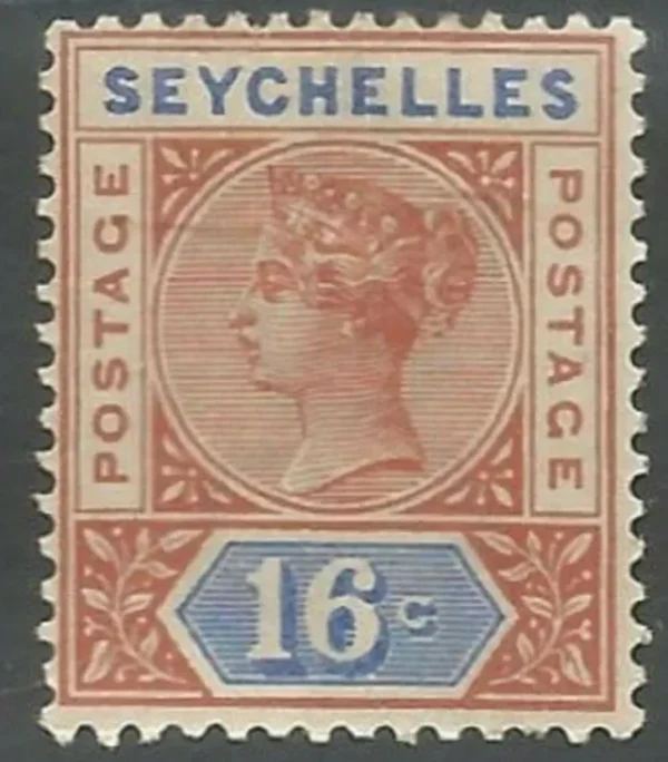 British Seychelles stamp year 1892 Chestnut / ultramarine 16c