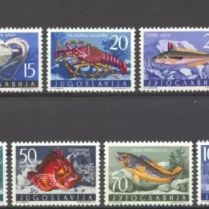 Yugoslavia year 1956 Adriatic Sea Animals Fishes stamps set