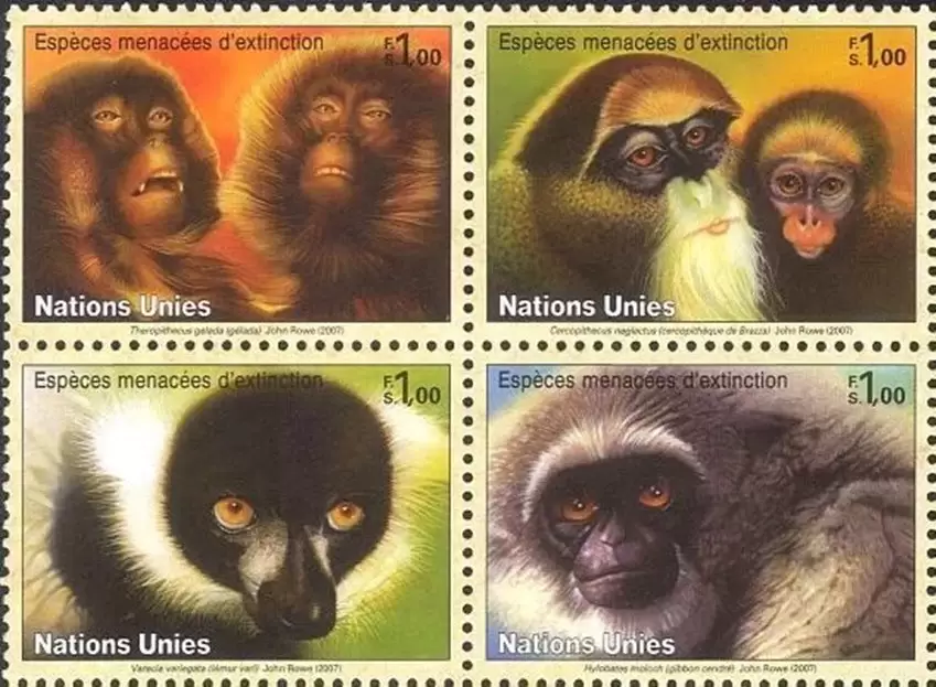 United Nations Geneva year 2007 Fauna Monkeys stamps set