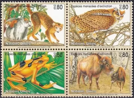 United Nations Geneva stamps year 1995 Fauna Birds Monkeys Bison