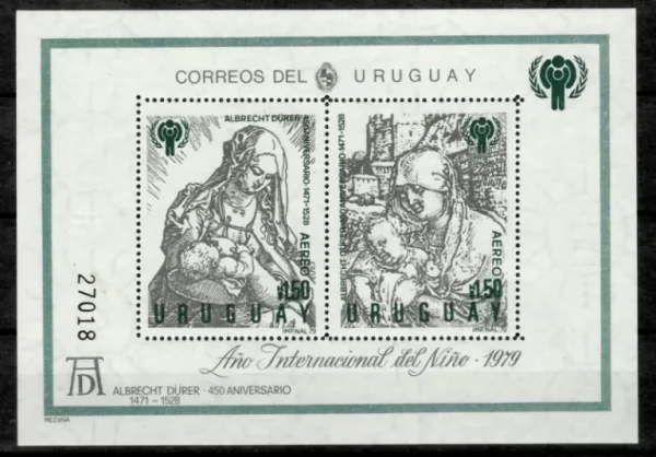 Uruguay year 1979 Art painting Durer Madonna with child stamps