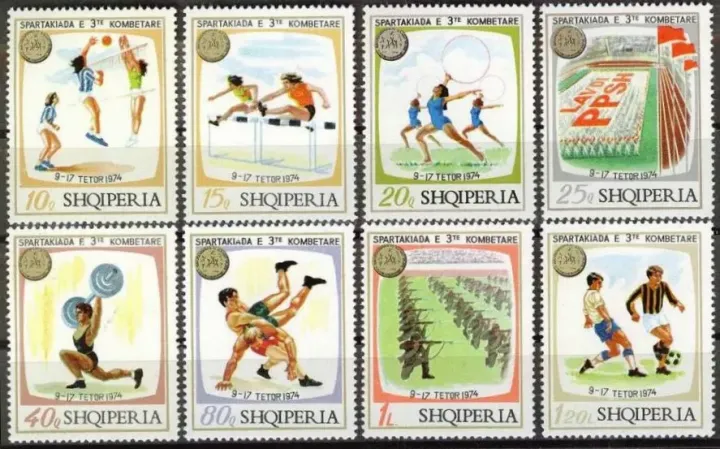 Albania sport postage stamps set year 1974 Basketball Wrestling Soccer Weightlifting