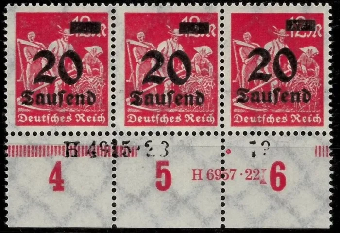 Germany Weimar Republic year 1923 20 mark postage stamps with Han number