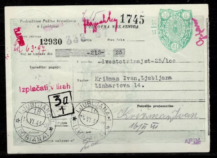 Italy occupation of Slovenia - Ljubljana 1941 Post office check