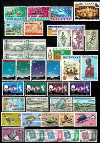 Britain postage stamps Mauritius, Botswana, Barbados year 1960/1980