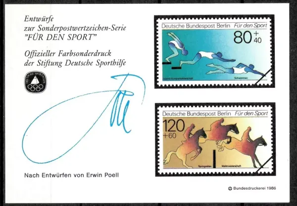 German stamps sports aid committee year 1985 Horse riding and swimming