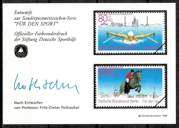 German stamps sports aid committee year 1985 Horse riding, swimming