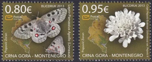 Montenegro postage stamps year 2013 Flowers & Butterfly