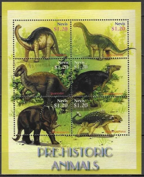 Nevis postage stamps year 2005 Prehistoric animals Dinosaurs