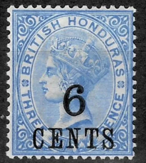 British Honduras-Belize stamp year 1891 6c on 3d ultramarine