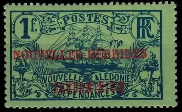 New Hebrides postage stamp year 1910 1 Fr. New Caledonia Stamp Overprinted