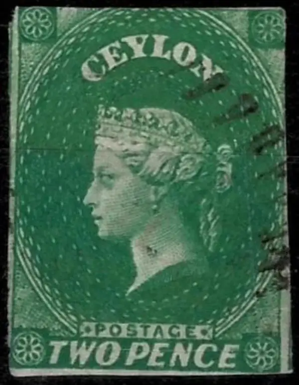 Ceylon postage stamp year 1857 2p imperforated