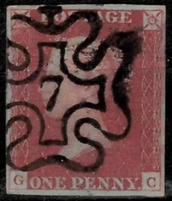 Great Britain postage stamp QV year 1841 1d Red-Brown Numeral 7 Maltese Cross 4 margins