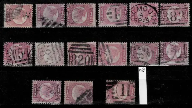 Great Britain postage stamps QV year 1858/70 1/2 d Complete set - all plates