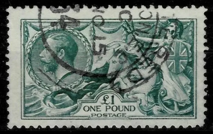 Great Britain postage stamp year 1913 £1 pound green Seahorse SG 403