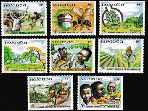Rwanda postage stamps year 1982 Bees Cattle Bananas Fruits World Food Day set
