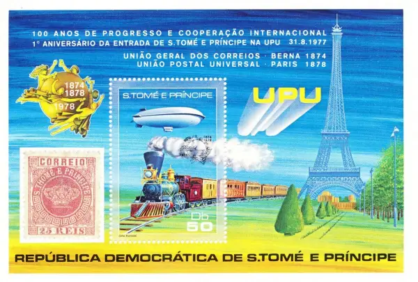 The Sao Tome and Principe stamps from 1978 related to trains and the Universal Postal Union (UPU) commemorate the 100th anniversary of the UPU. This issue includes a souvenir sheet (S/S) with themes of zeppelins, trains, and postal services. The set is known for its thematic connection to transportation and postal history. These stamps are listed in catalogs and collectors' markets, labeled with Michel catalog numbers such as B17B for some items in the set. They are noted to be mint never hinged (MNH) and often appear in trading and auction platforms for collectors of transportation-themed issues and UPU anniversary postage. In summary, the 1978 Sao Tome and Principe stamps celebrating the UPU centenary include transport motifs like trains and are available as souvenir sheets that are sought after by thematic collectors