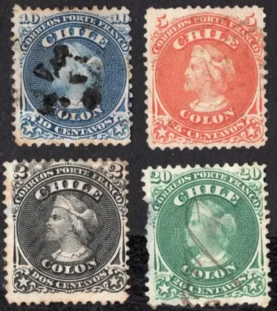 Chile postage stamps year 1867 Christopher Columbus set 