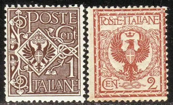 Italy postage stamps year 1901 Floreale 1 and 2 c