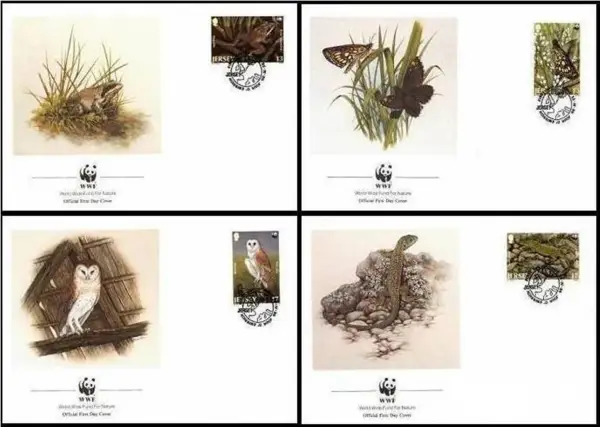Jersey year 1989 WWF - Fauna stamps / frog owl insect birds