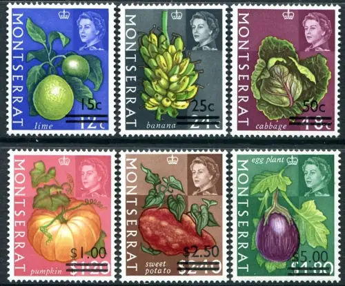 Montserrat postage stamps year 1968 Fruit & Vegetables Surcharges set MNH