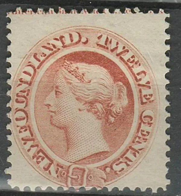 Newfoundland postage stamp year 1866 12 c Brownish red QV
