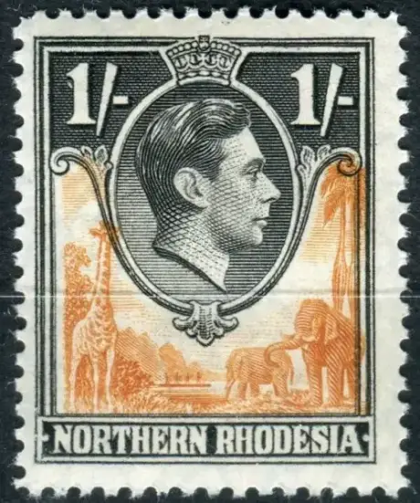 Northern Rhodesia postage stamp year KGVI 1938 1 Shilling yellow-black