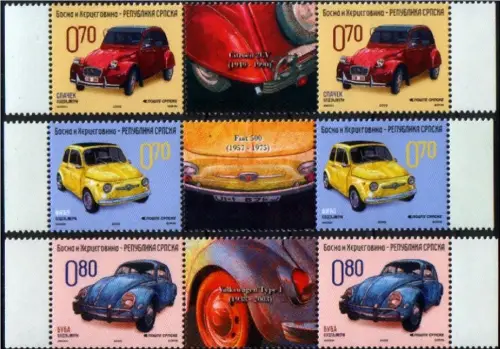 Bosnia year 2009 Old timer's cars stamps Citroen, VW Beetle, FIAT 500