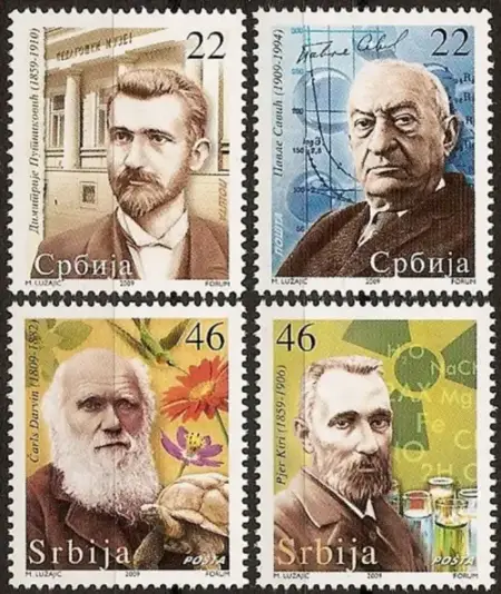 Serbia postage stamps year 2009 Science Charles Darwin Pierre, Curie
